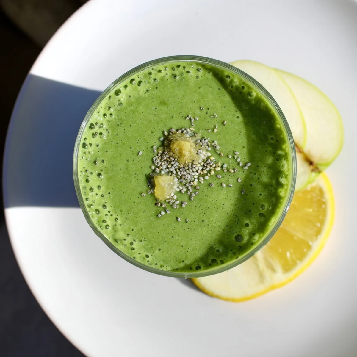 A vibrant green Detox Green Smoothie with ginger and lemon, ready to energize your day.