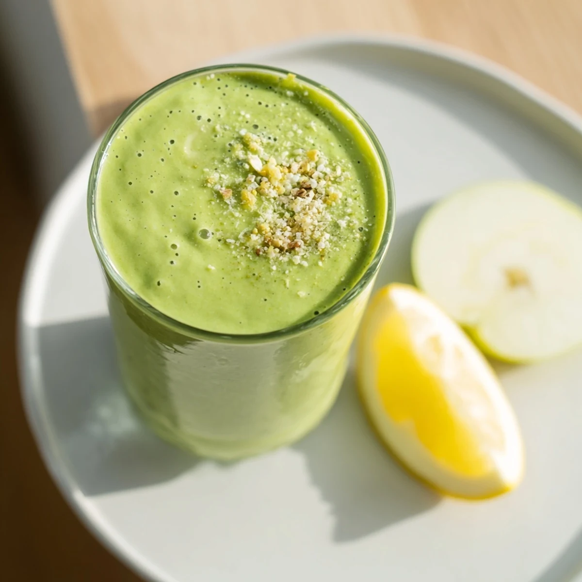 This creamy, blended Detox Green Smoothie features zesty ginger and bright lemon for a refreshing drink.