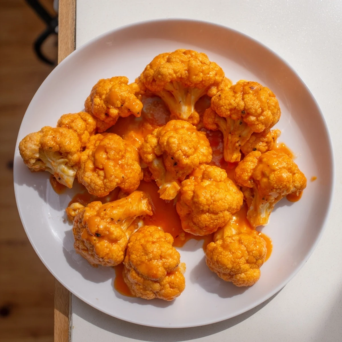 Close-up of freshly air-fried Buffalo Cauliflower Wings, perfect for game day with a creamy dip.