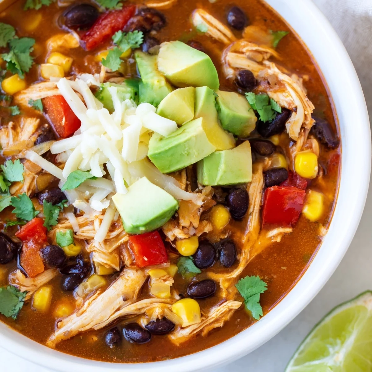 This vibrant photo shows a hearty Slow Cooker Chicken Enchilada Soup, ready to ladle and enjoy.
