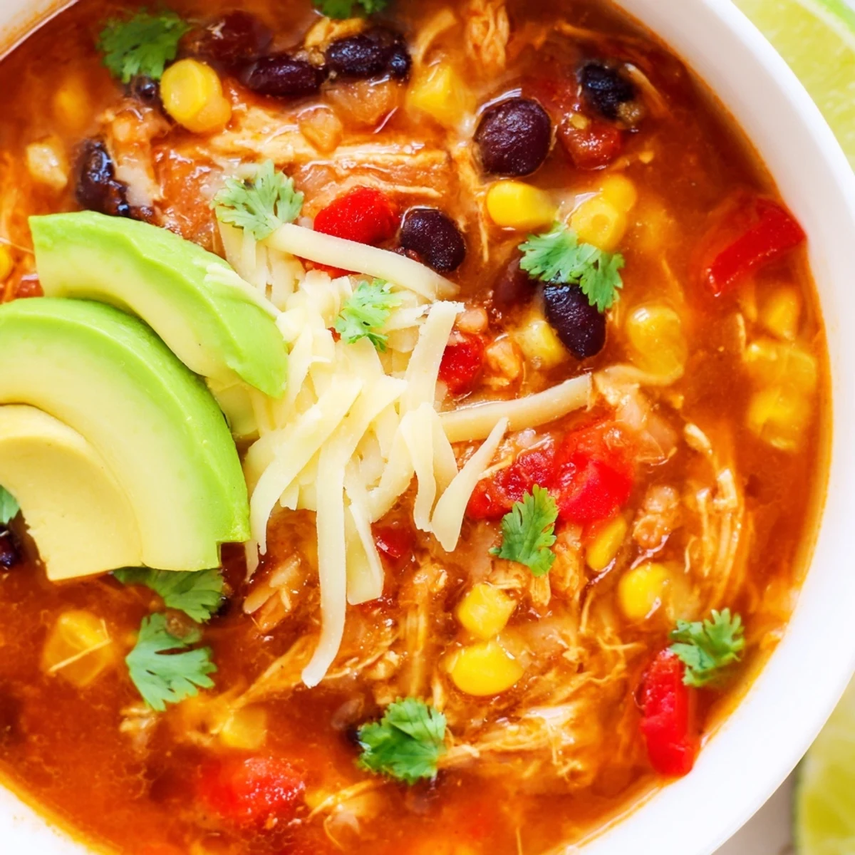 A steaming bowl of Slow Cooker Chicken Enchilada Soup, garnished with fresh cilantro and cheese.
