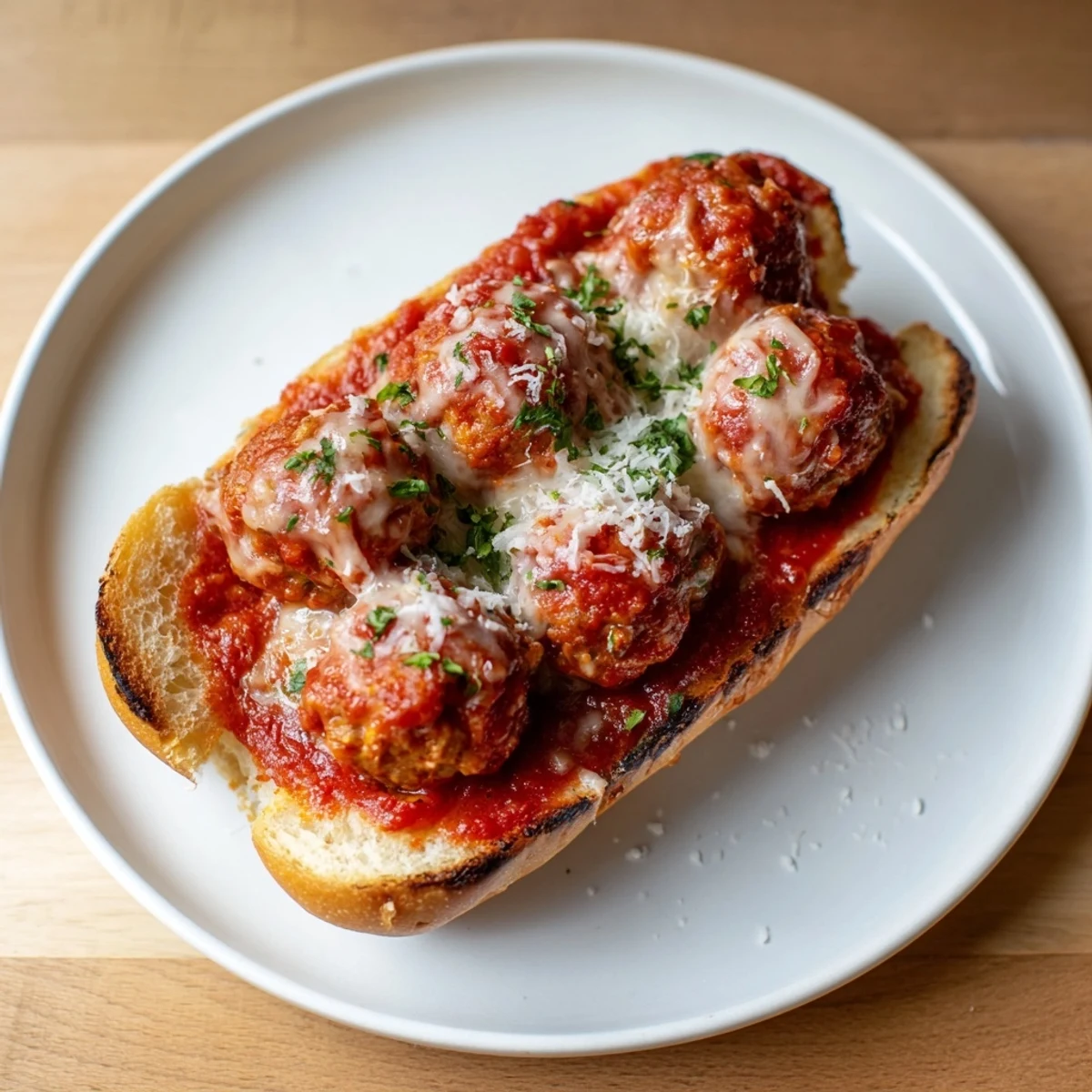 A close-up shot of a toasted Turkey Meatball Sub with melted cheese and rich marinara sauce, so delicious!