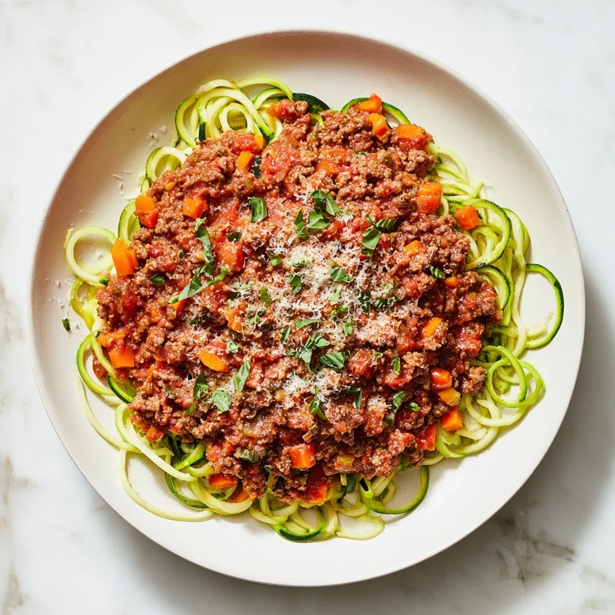 Steaming zucchini noodles topped with rich, thick beef Bolognese, a delightful low-carb Italian dinner.