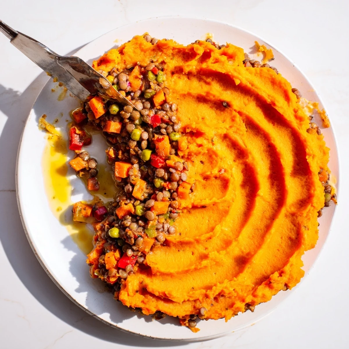 This beautiful Vegan Lentil Shepherd's Pie has a creamy sweet potato topping with a rich lentil base.