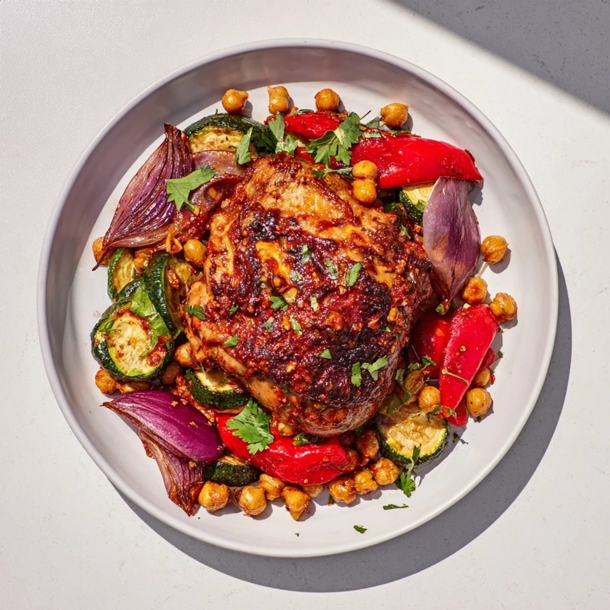 Tender sheet pan harissa chicken with chickpeas, roasted to golden perfection, ready to serve with lemon.