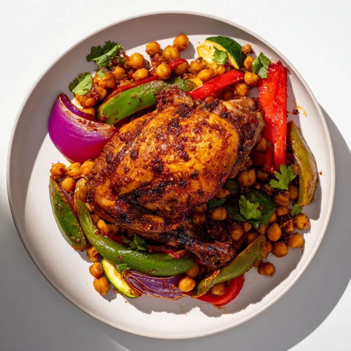 This sheet pan harissa chicken with chickpeas showcases beautifully browned chicken skin and colorful, tender vegetables.
