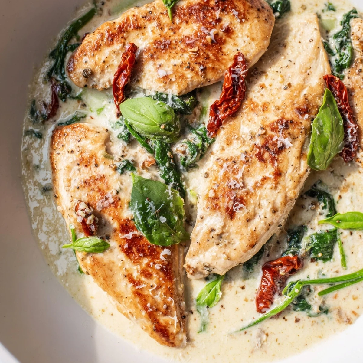 Golden seared chicken breasts simmer in a creamy Tuscan garlic sauce with wilted spinach and sun-dried tomatoes.