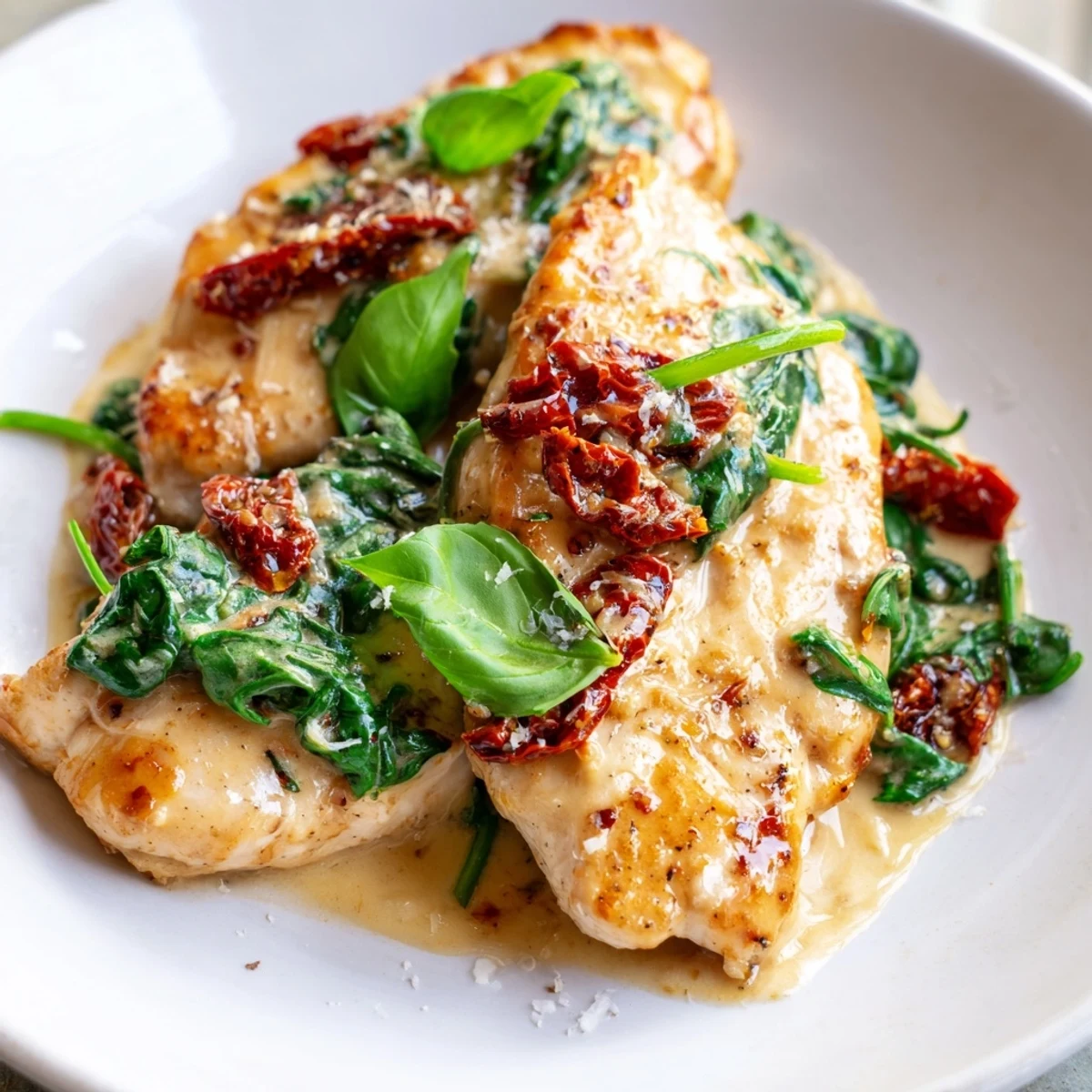 Tender sliced chicken rests in a creamy Parmesan and garlic sauce, garnished with fresh spinach and basil.