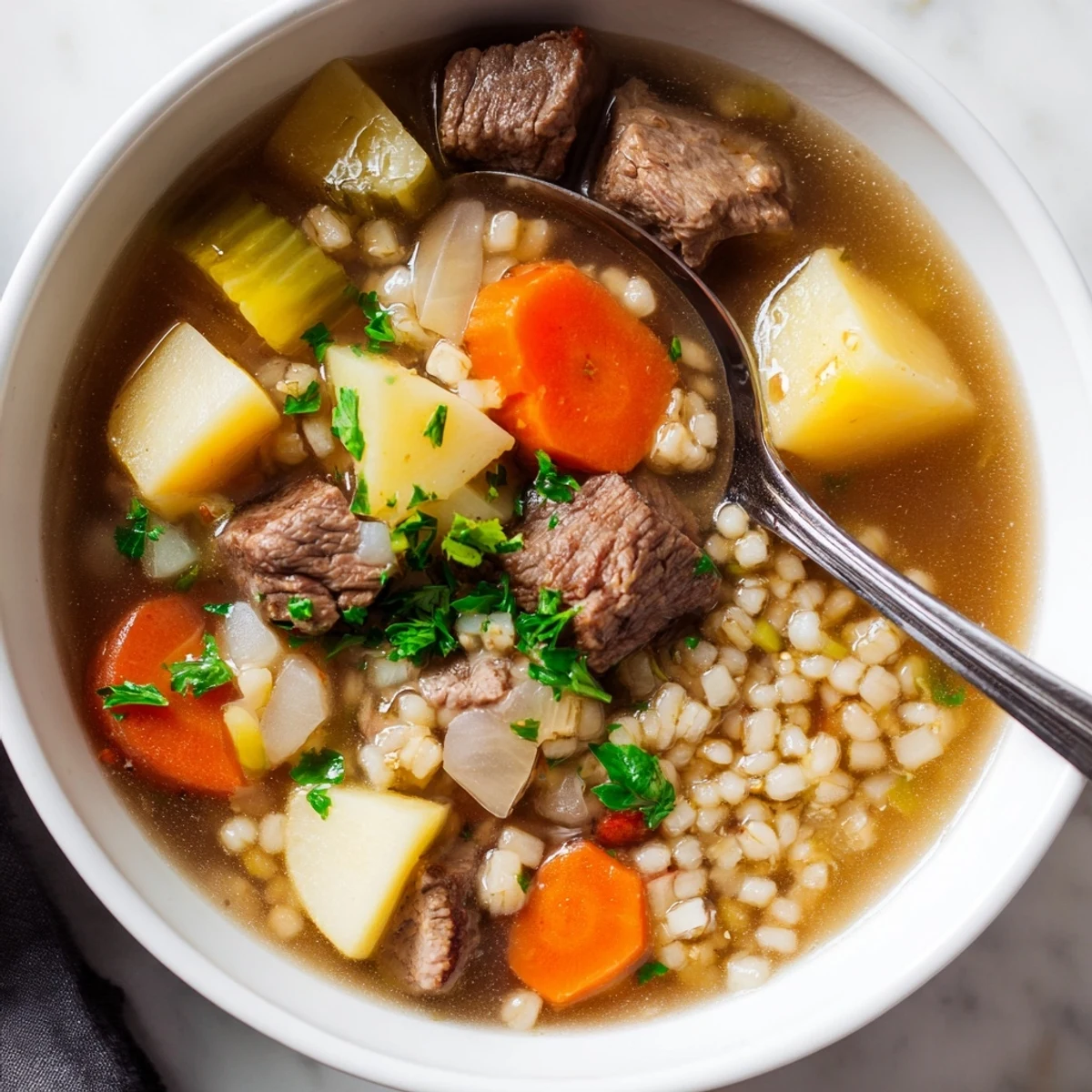 Golden broth with tender beef chunks, carrots, and parsnips from the Hearty Beef and Barley Stew with Root Vegetables.