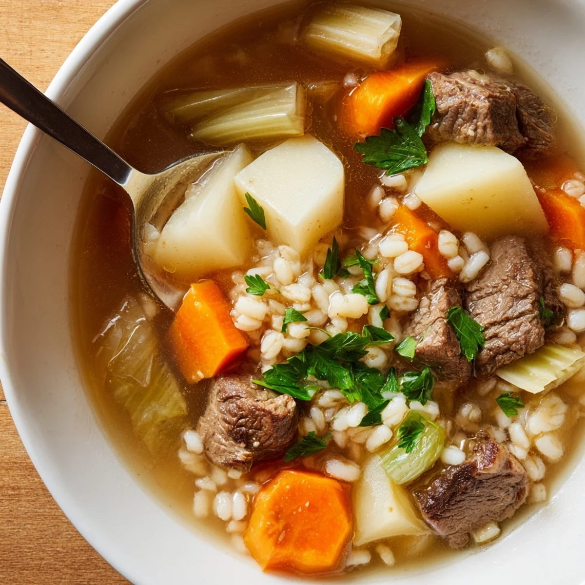 Thick, rustic Hearty Beef and Barley Stew with Root Vegetables steaming in a deep bowl.