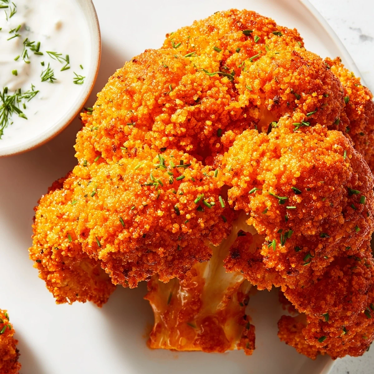 Crispy Buffalo Cauliflower Wings with Ranch on a platter, drizzled with creamy dip and fresh herbs.