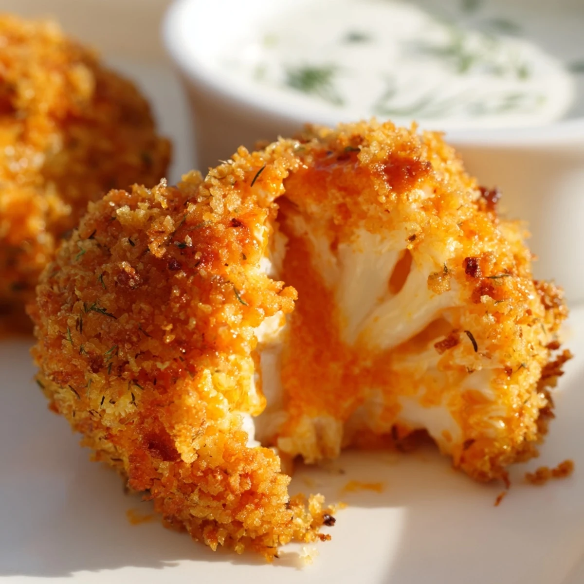 Golden baked Crispy Buffalo Cauliflower Wings with Ranch dip on the side, served with celery sticks.