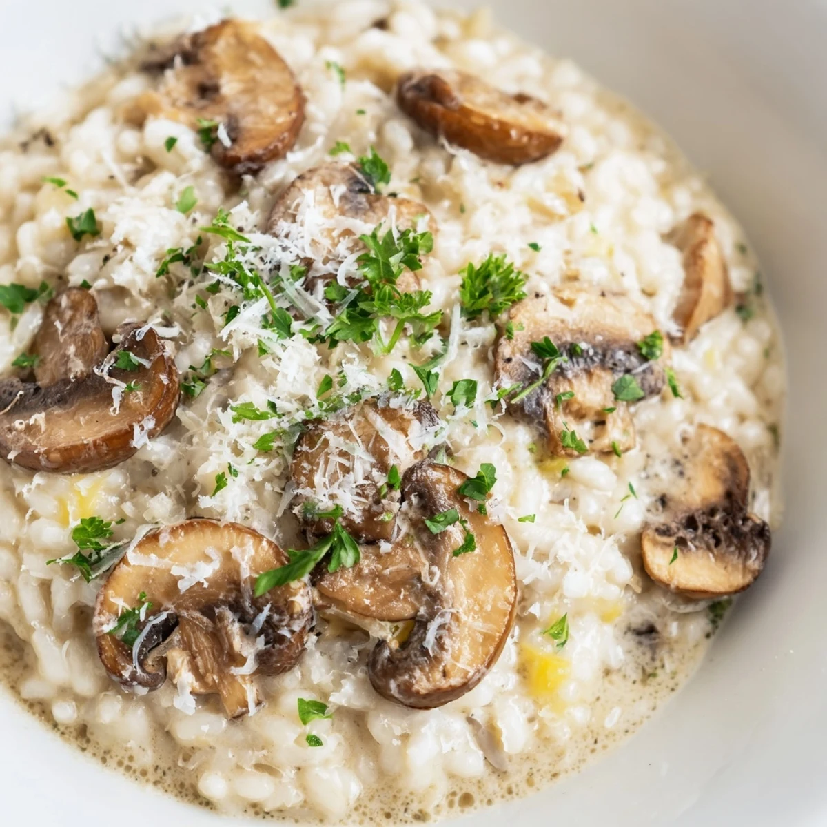 Close-up of velvety Creamy Mushroom Risotto with Parmesan Cheese, steam rising from the Arborio rice in a rustic skillet.