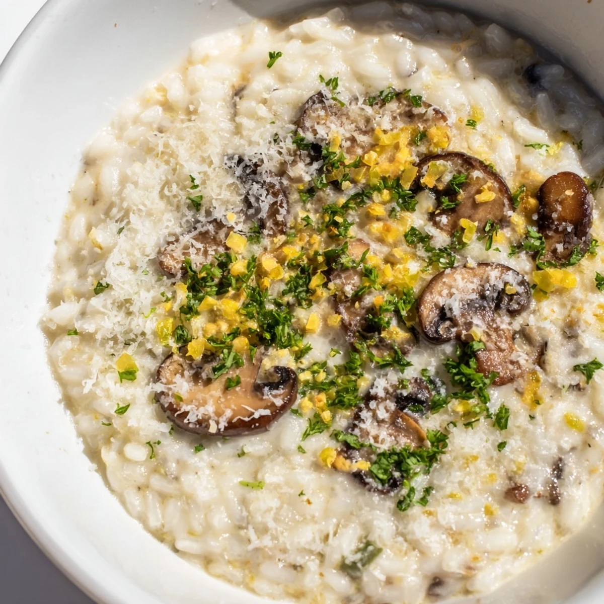 Steaming bowl of Creamy Mushroom Risotto with Parmesan cheese and extra mushrooms, ready to enjoy with a glass of white wine.