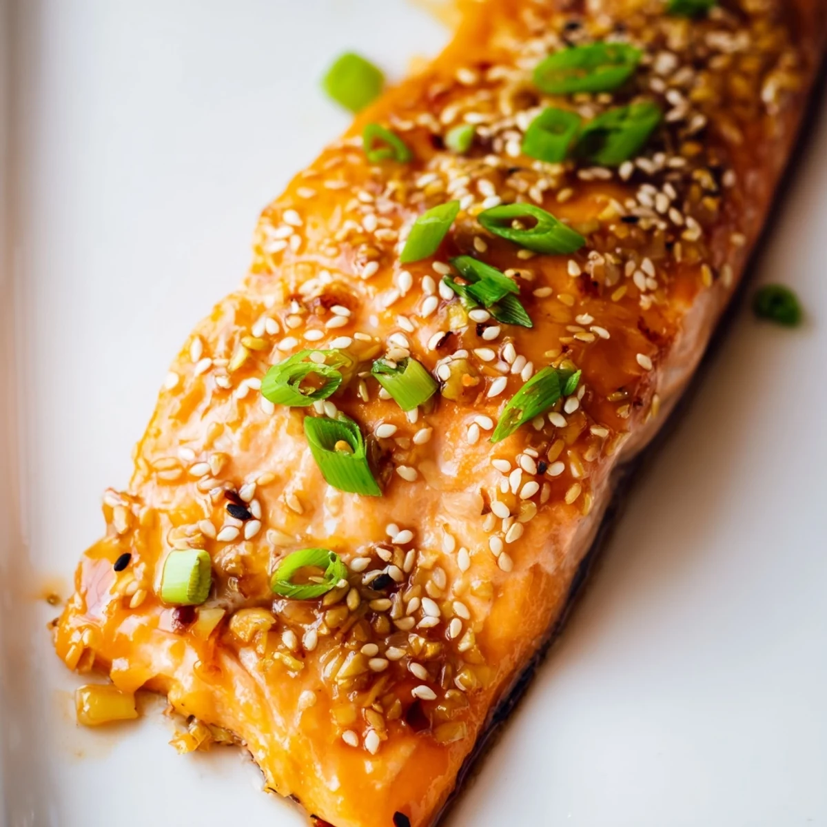 Golden-brown Baked Salmon with Orange Glaze and Ginger rests on a platter, brushed with a shiny, vibrant glaze and sprinkled with green onions and sesame seeds.