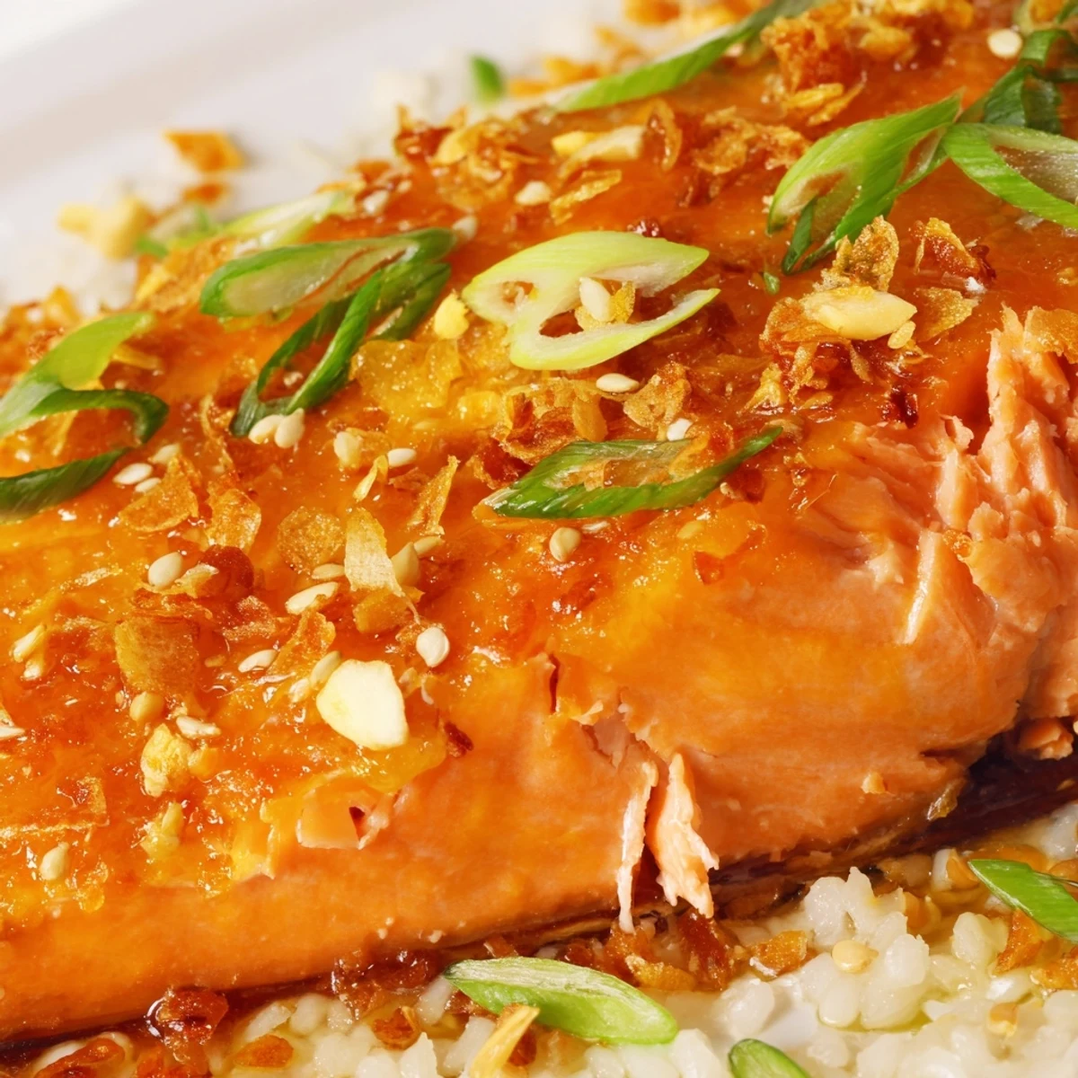 A close-up view of Baked Salmon with Orange Glaze and Ginger shows tender, flaky fish topped with sticky, aromatic ginger sauce and fresh orange zest.