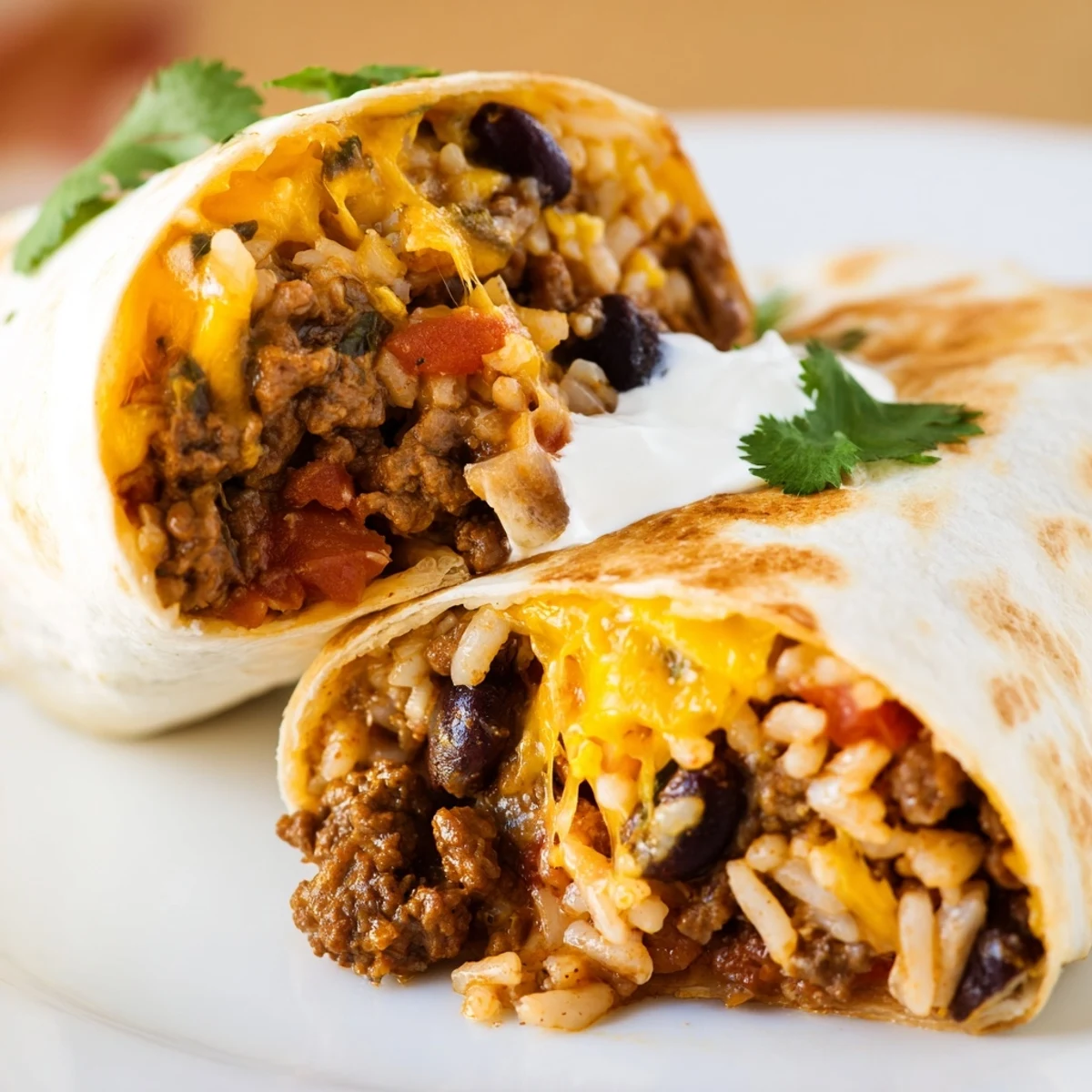A flour tortilla burrito stuffed with savory ground beef, fluffy rice, black beans, and melted cheddar cheese.