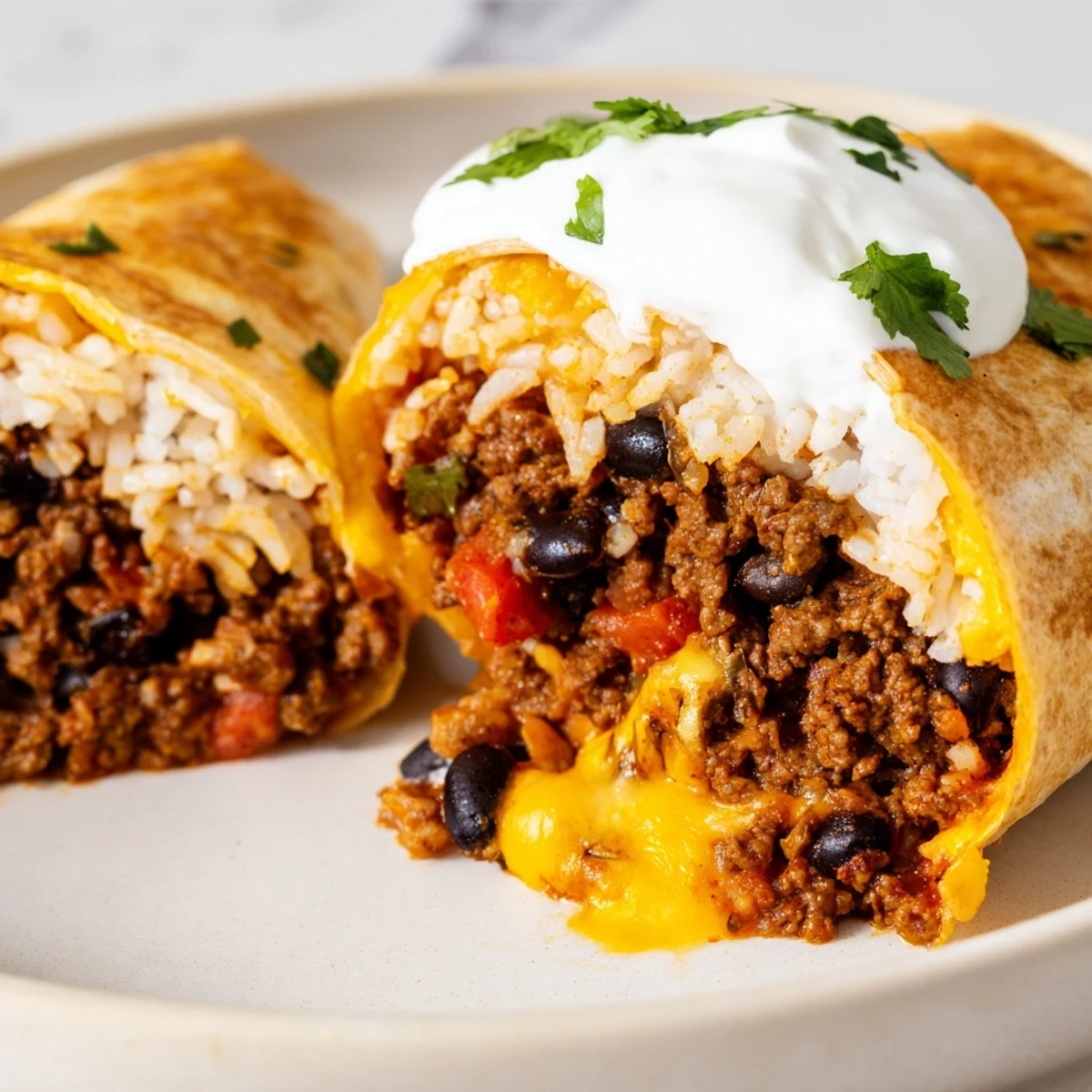 Four golden brown beef burritos with rice, beans, and cheese are sliced to reveal a hearty, seasoned filling.