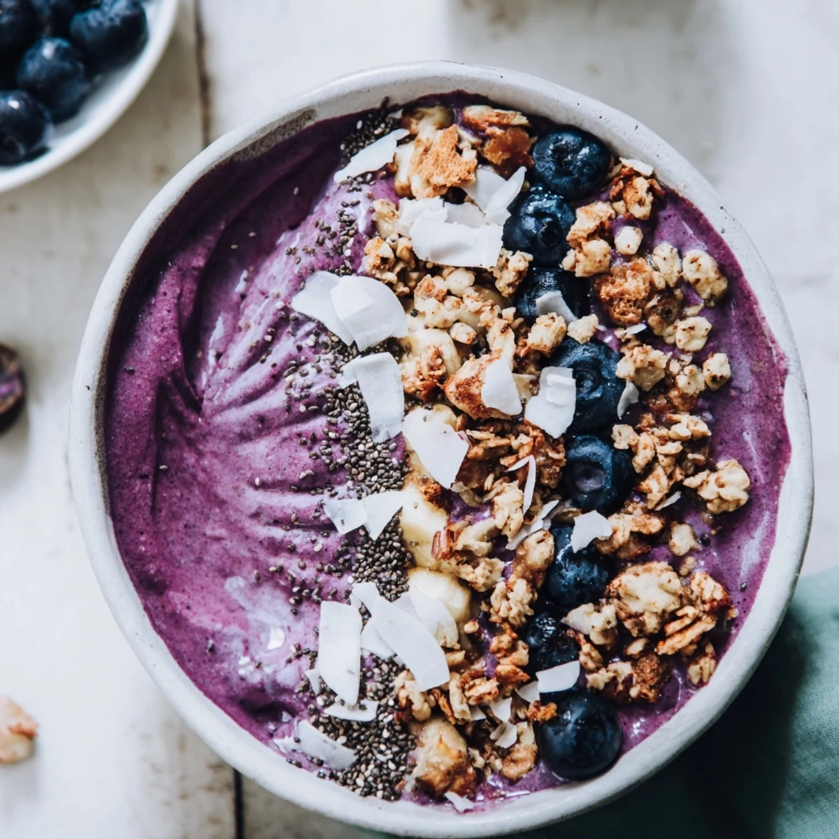 Two colorful lemon blueberry smoothie bowls served for breakfast, with almond milk and Greek yogurt ingredients nearby.