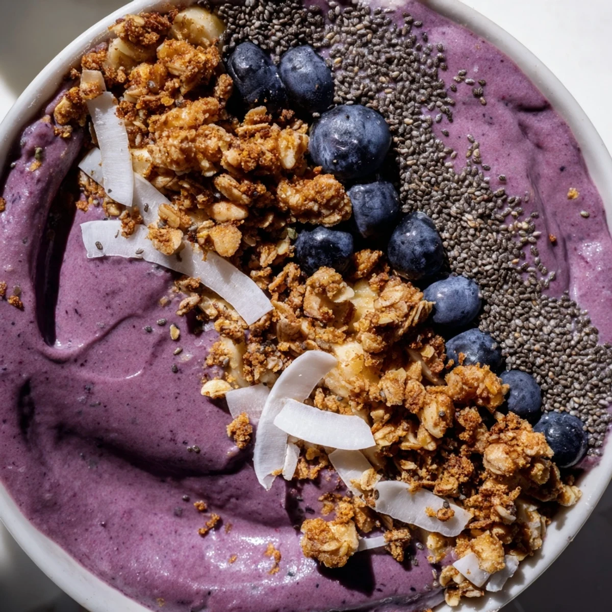 A spoonful of the vibrant lemon blueberry smoothie bowl, garnished with chia seeds and lemon zest.