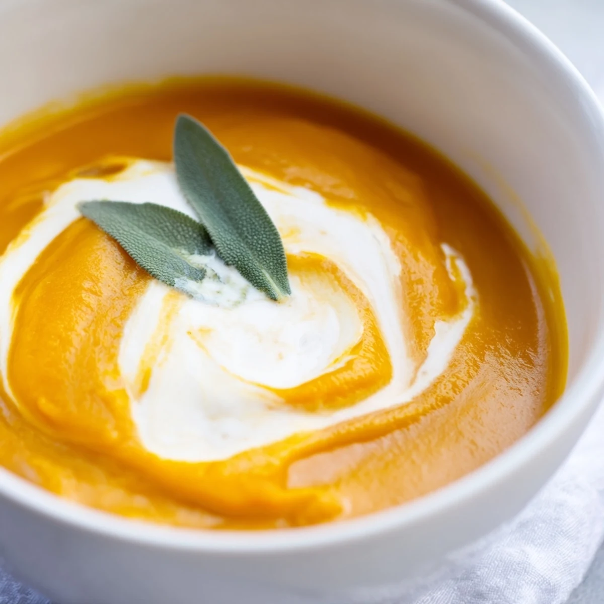 Creamy Roasted Butternut Squash Soup with Sage served alongside crusty bread, perfect for a cozy autumn dinner.
