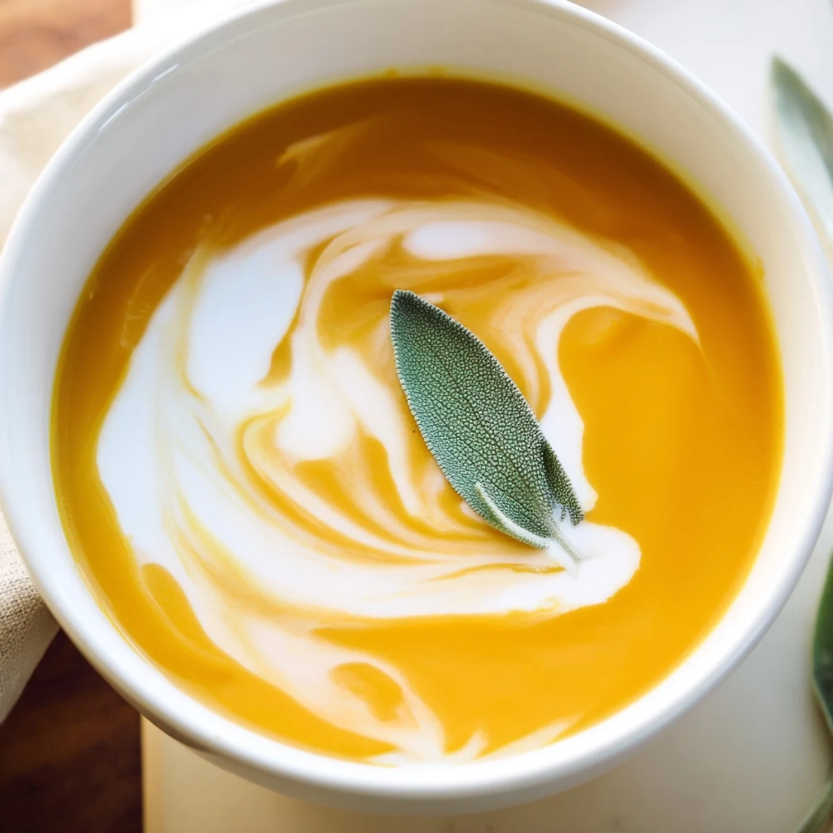 A close-up of Roasted Butternut Squash Soup with Sage, topped with toasted seeds and a golden drizzle of cream.