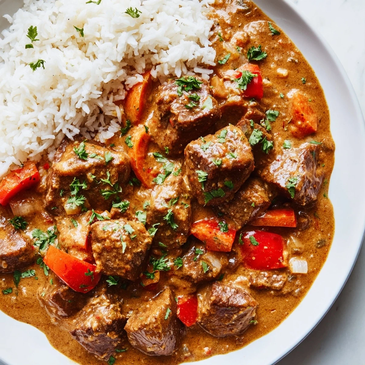 Slow-cooked beef chunks swim in a creamy, fragrant Slow Cooker Beef Curry with Coconut Milk, garnished with fresh cilantro.