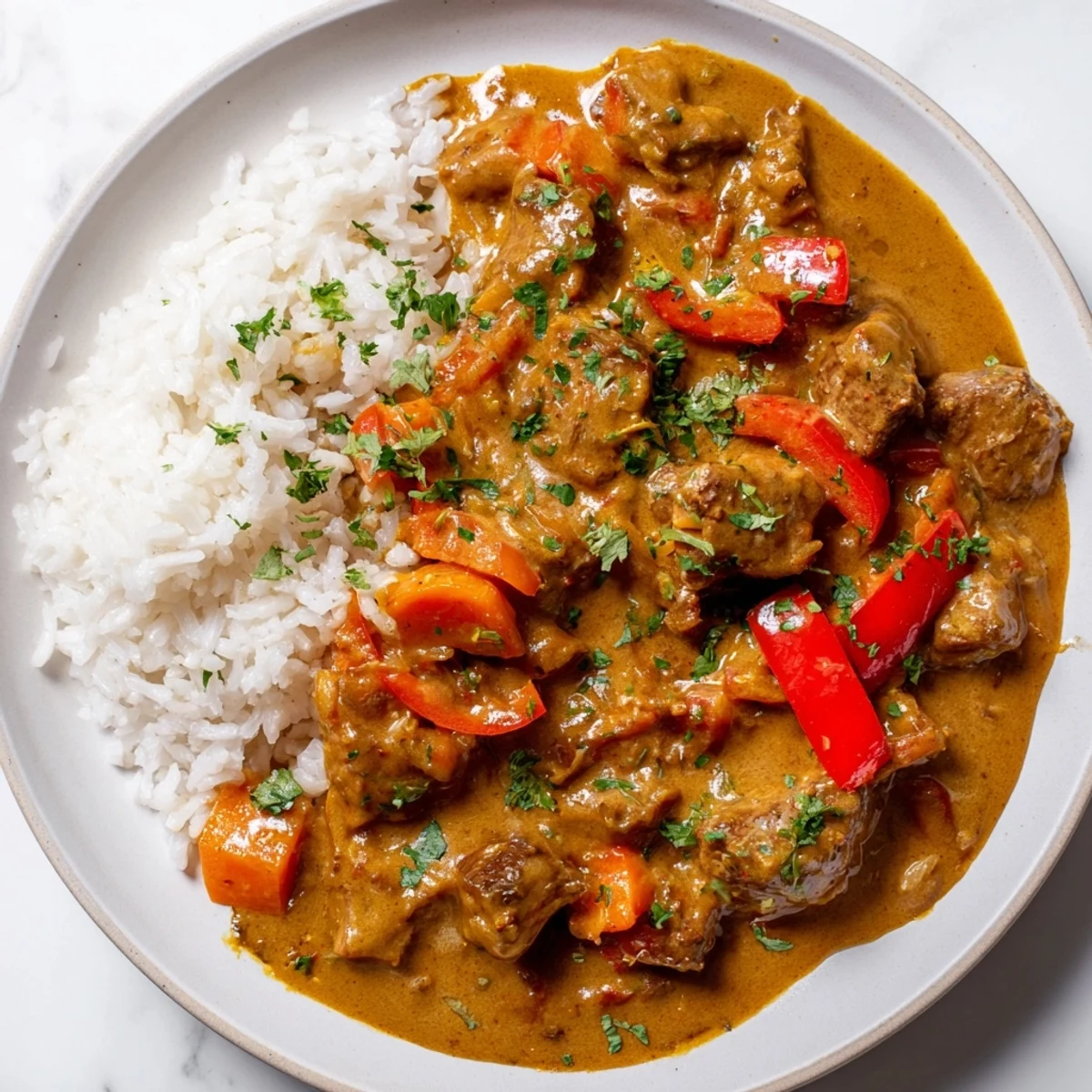 Served steaming in a white bowl, this Slow Cooker Beef Curry reveals tender beef and carrots over fluffy basmati rice.