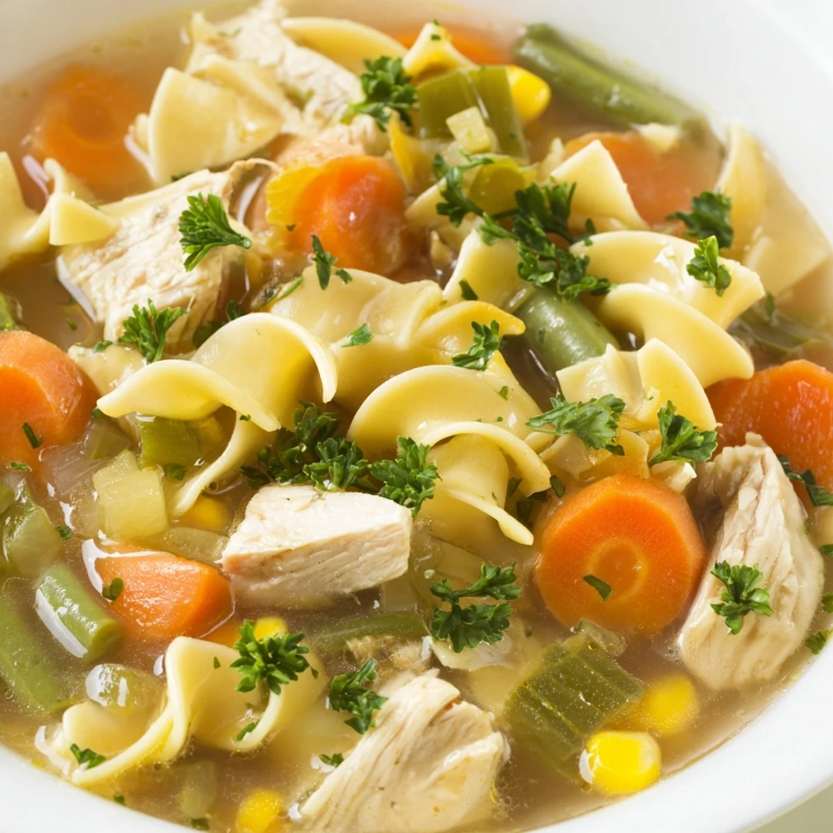 Homemade Chicken Vegetable Soup with Egg Noodles steaming in a rustic bowl, featuring tender chicken, carrots, and vibrant green beans.