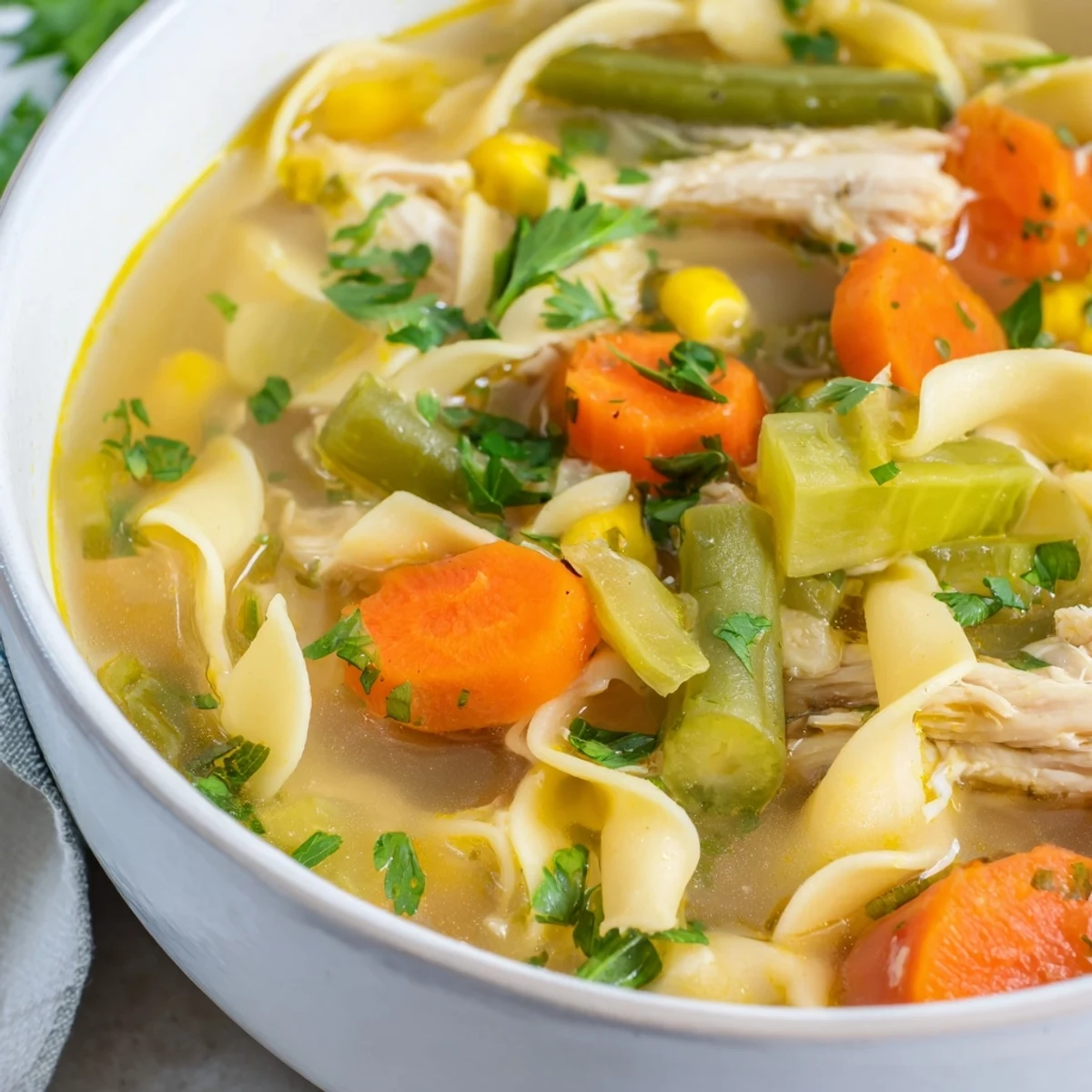 Close-up of Chicken Vegetable Soup with Egg Noodles revealing chunky vegetables, golden noodles, and a rich savory broth.