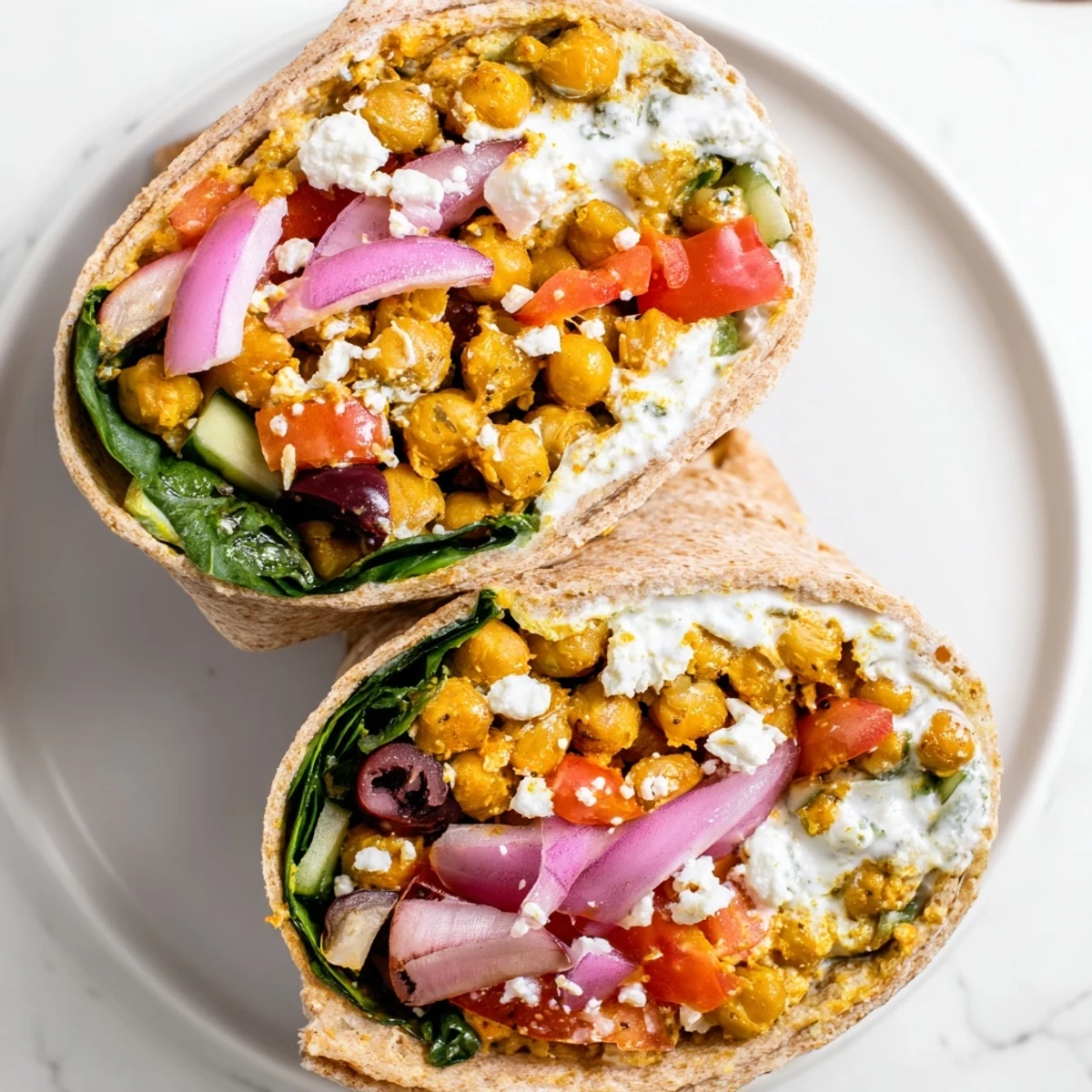 Freshly prepared Mediterranean Chickpea Wrap with tzatziki, stuffed with golden spiced chickpeas, crisp spinach, red onions, and feta on a warm tortilla.