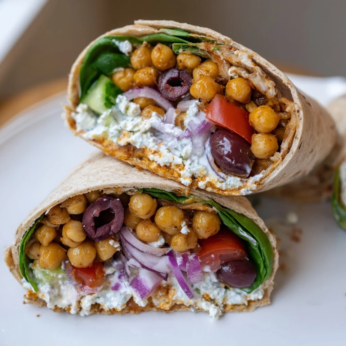 Spicy chickpea filling and creamy homemade tzatziki spill from this easy Mediterranean Chickpea Wrap, garnished with olives and halved cherry tomatoes.