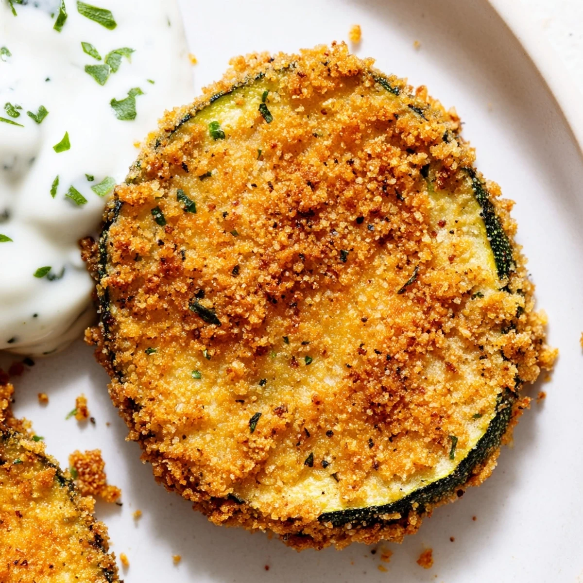 Golden-brown Crispy Air Fryer Zucchini Chips with Ranch dip arranged on a plate, showing their satisfying crunch and green specks of fresh herbs.