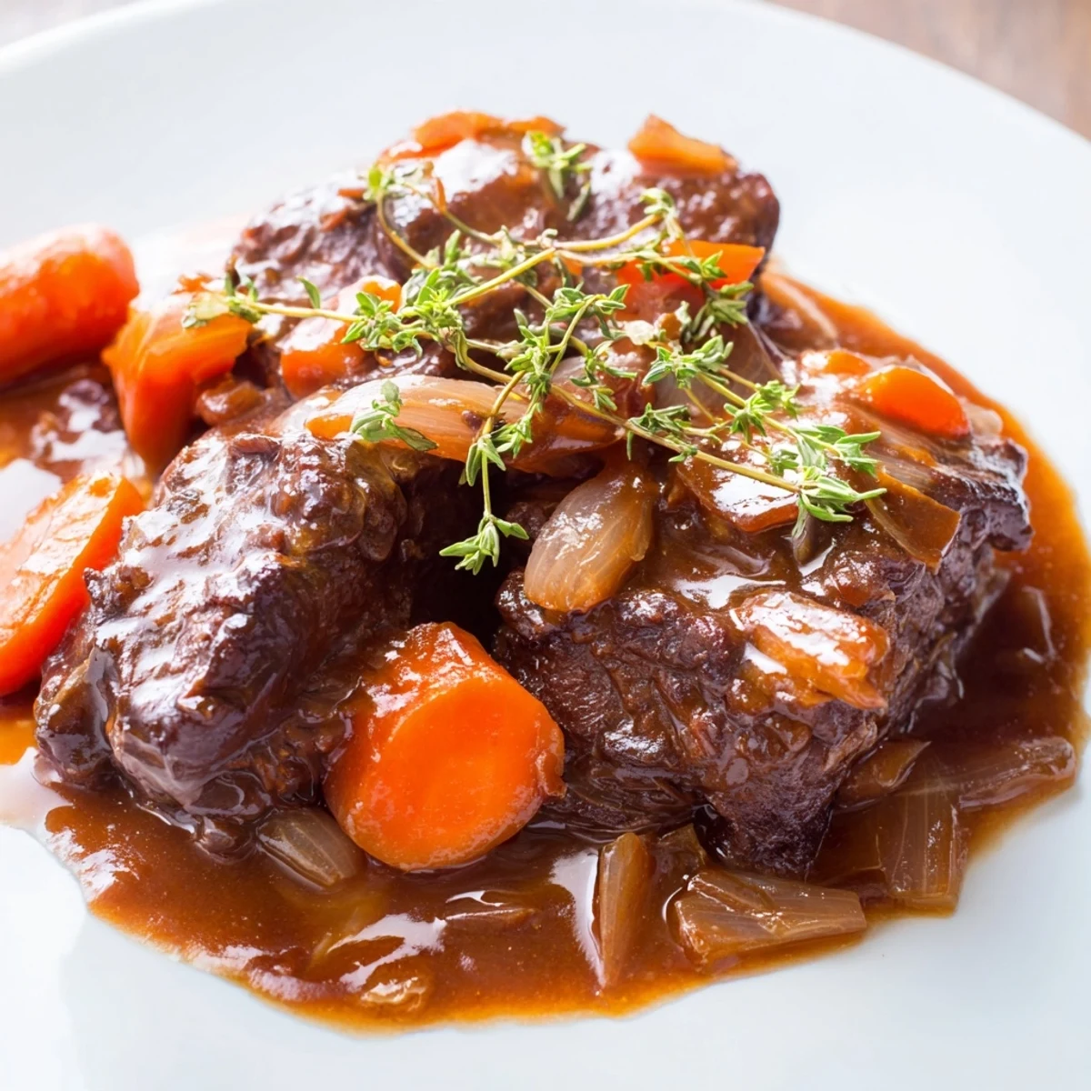 Slow-cooked beef shin forks apart over creamy mash, surrounded by sweet carrots and thyme sprigs.