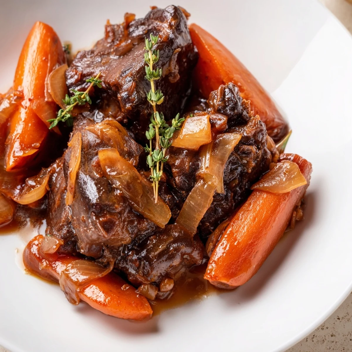 Glistening beef shin stew in a rustic bowl with carrots and thyme, ideal with crusty bread.