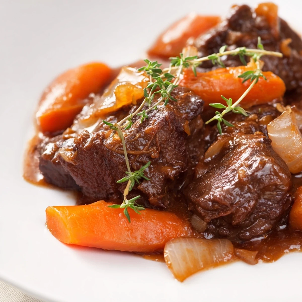 A hearty serving of Slow Cooked Beef Shin with Carrots and Thyme ready for family dinners.