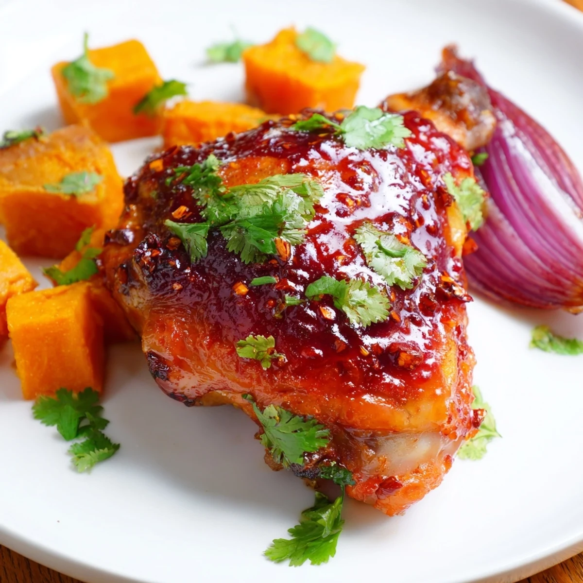 A vibrant serving of harissa roasted chicken with sweet potatoes is garnished with fresh cilantro and lemon wedges on a white plate. 