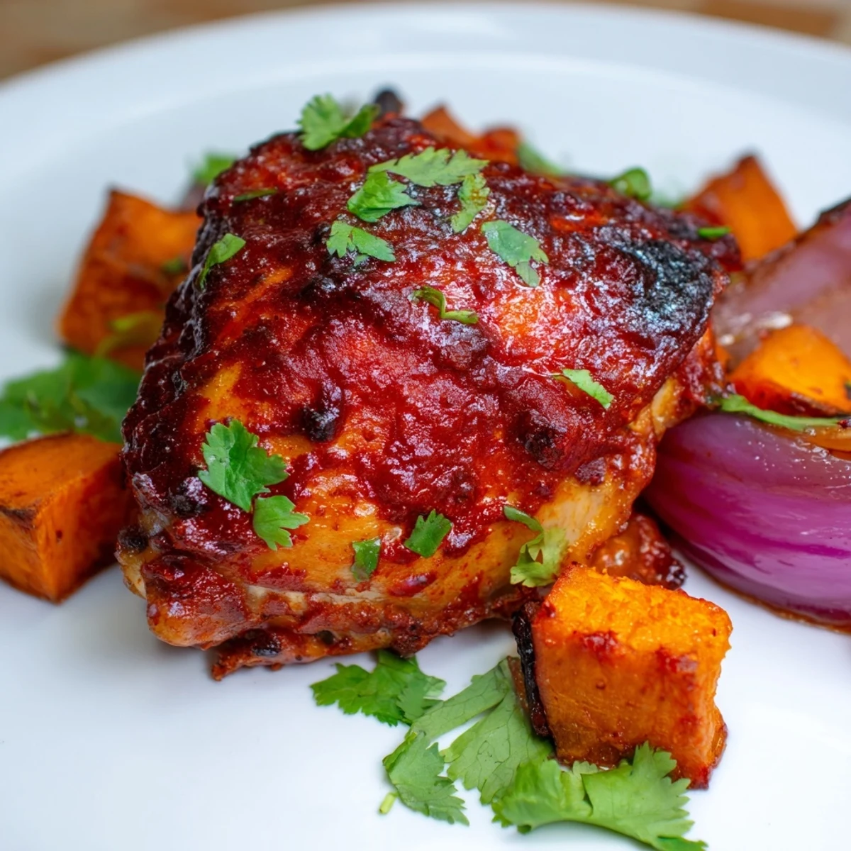 Fork-tender sweet potatoes and juicy harissa roasted chicken with a smoky spice crust are arranged next to a colorful side salad.