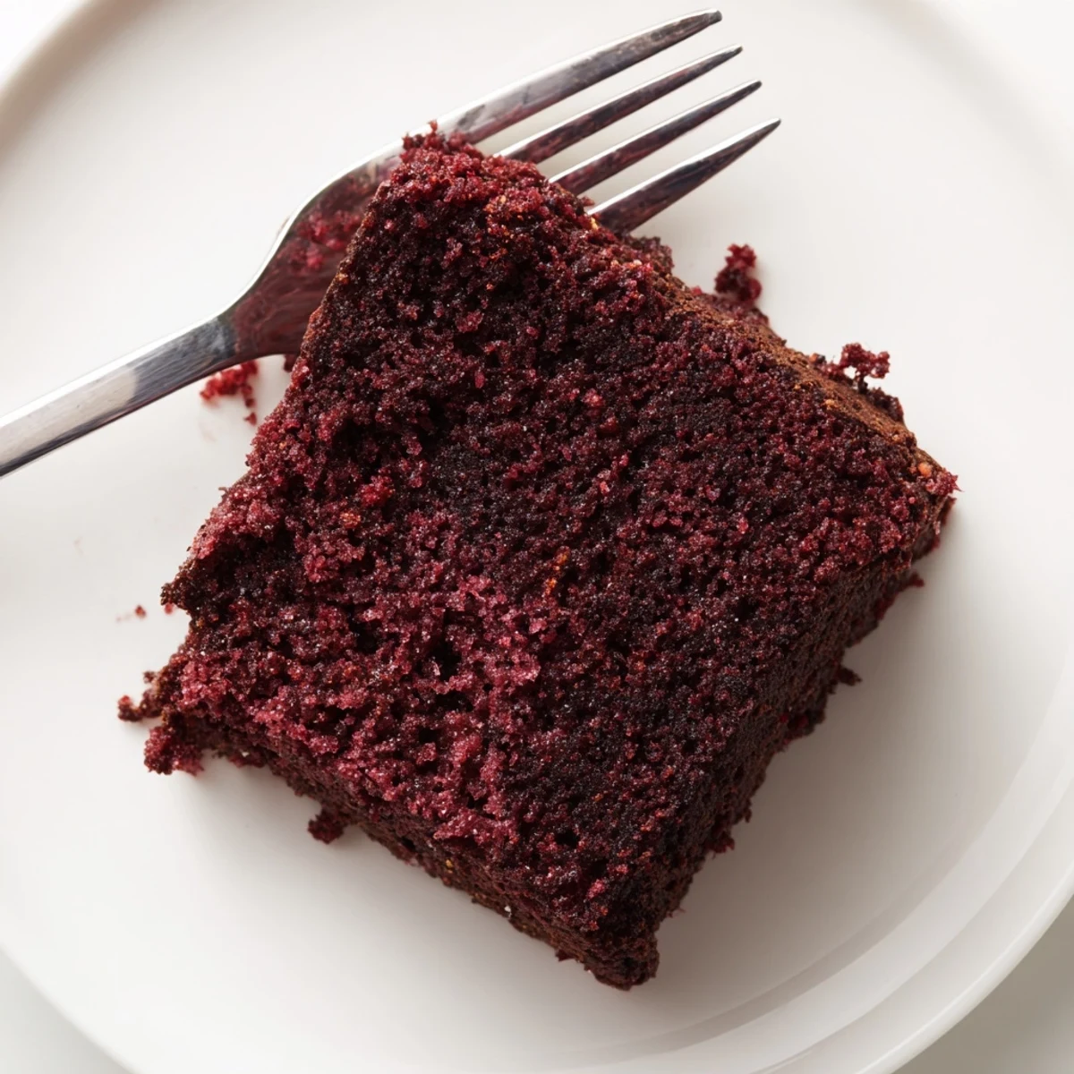 A square of moist Dark Chocolate and Beetroot Snack Cake shows a rich, fudgy crumb with visible beet flecks, served on a white plate.