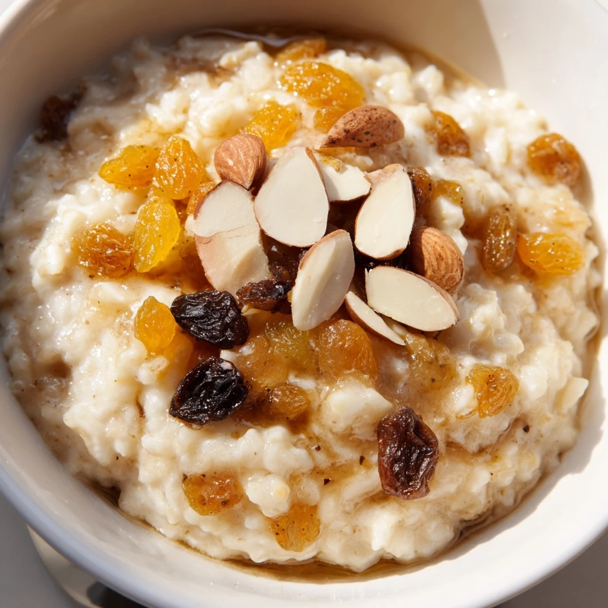 Steamy bowl of Warm Chai Spiced Rice Pudding topped with sliced almonds.