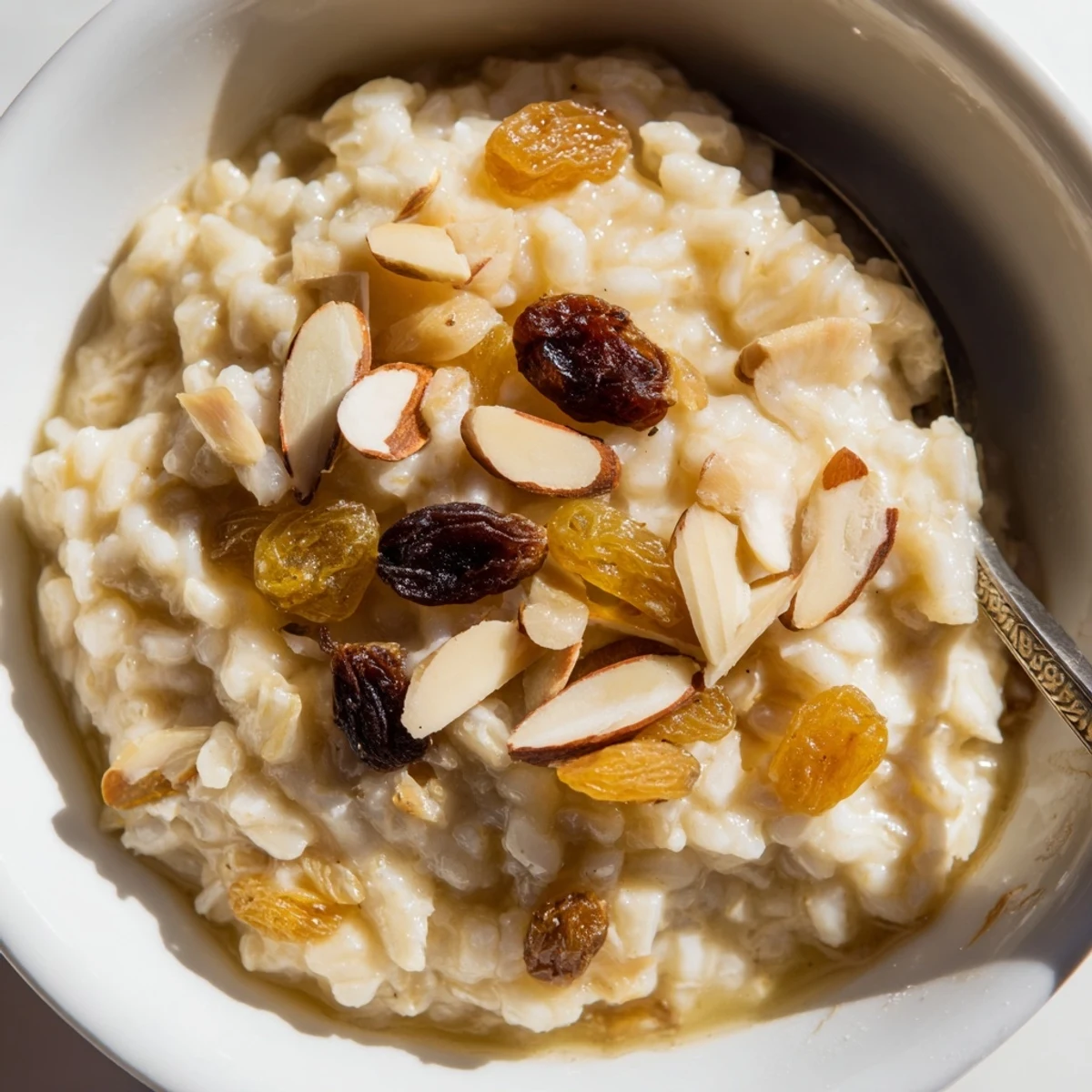 Creamy Warm Chai Spiced Rice Pudding garnished with pistachios and raisins.