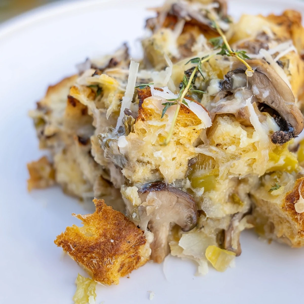 Freshly baked Savory Mushroom and Leek Bread Pudding with golden, crispy cheese topping and visible leek strands.