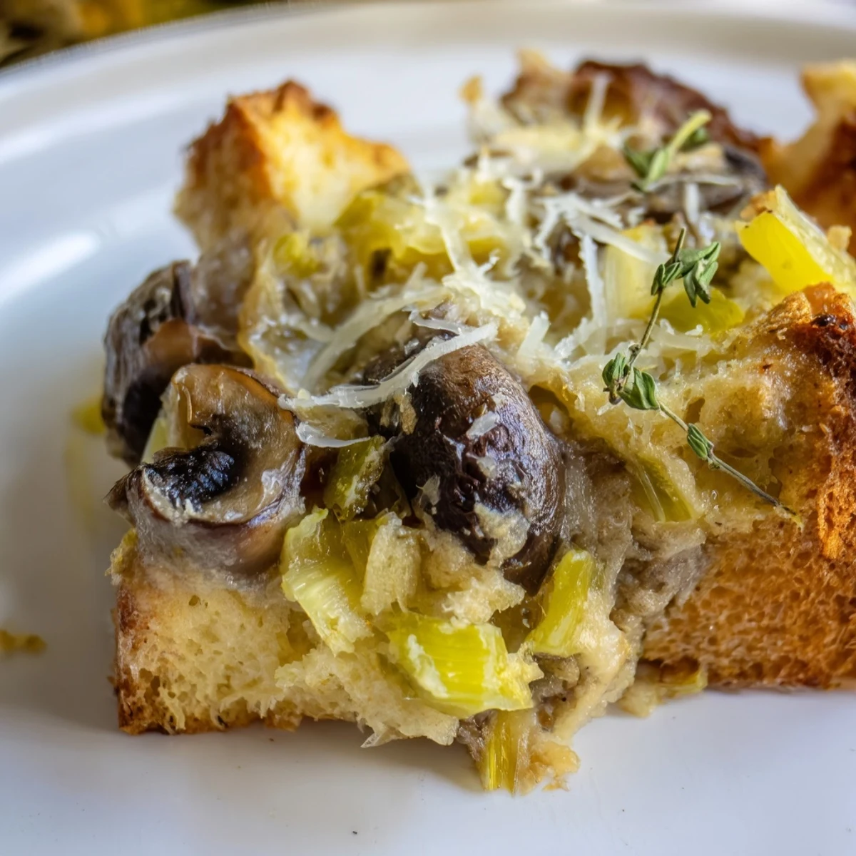 Sliced Savory Mushroom and Leek Bread Pudding in a white dish, revealing creamy custard and tender vegetable layers.