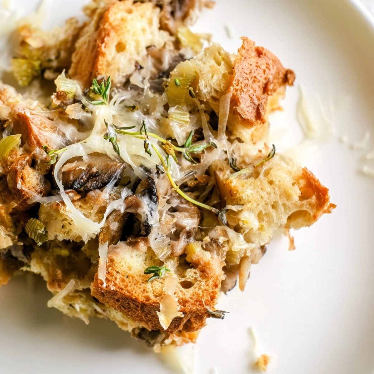 Warm Savory Mushroom and Leek Bread Pudding served with a fresh green salad, perfect for a comforting vegetarian dinner.