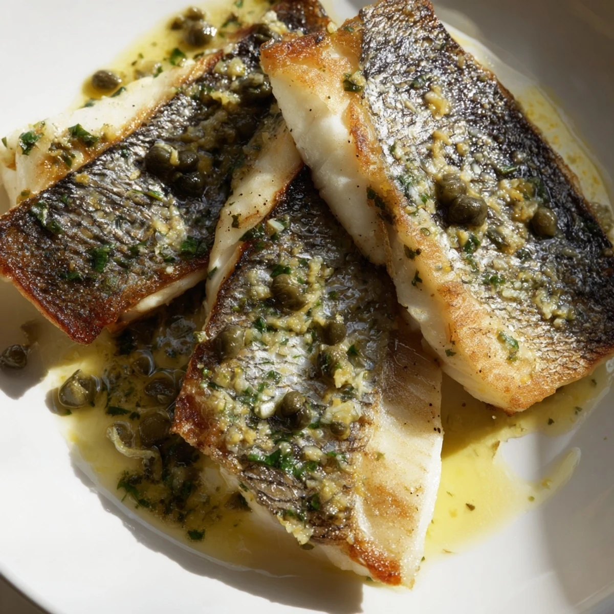 A close-up of crispy-skinned pan-seared sea bass with lemon caper butter sauce, served with roasted potatoes.