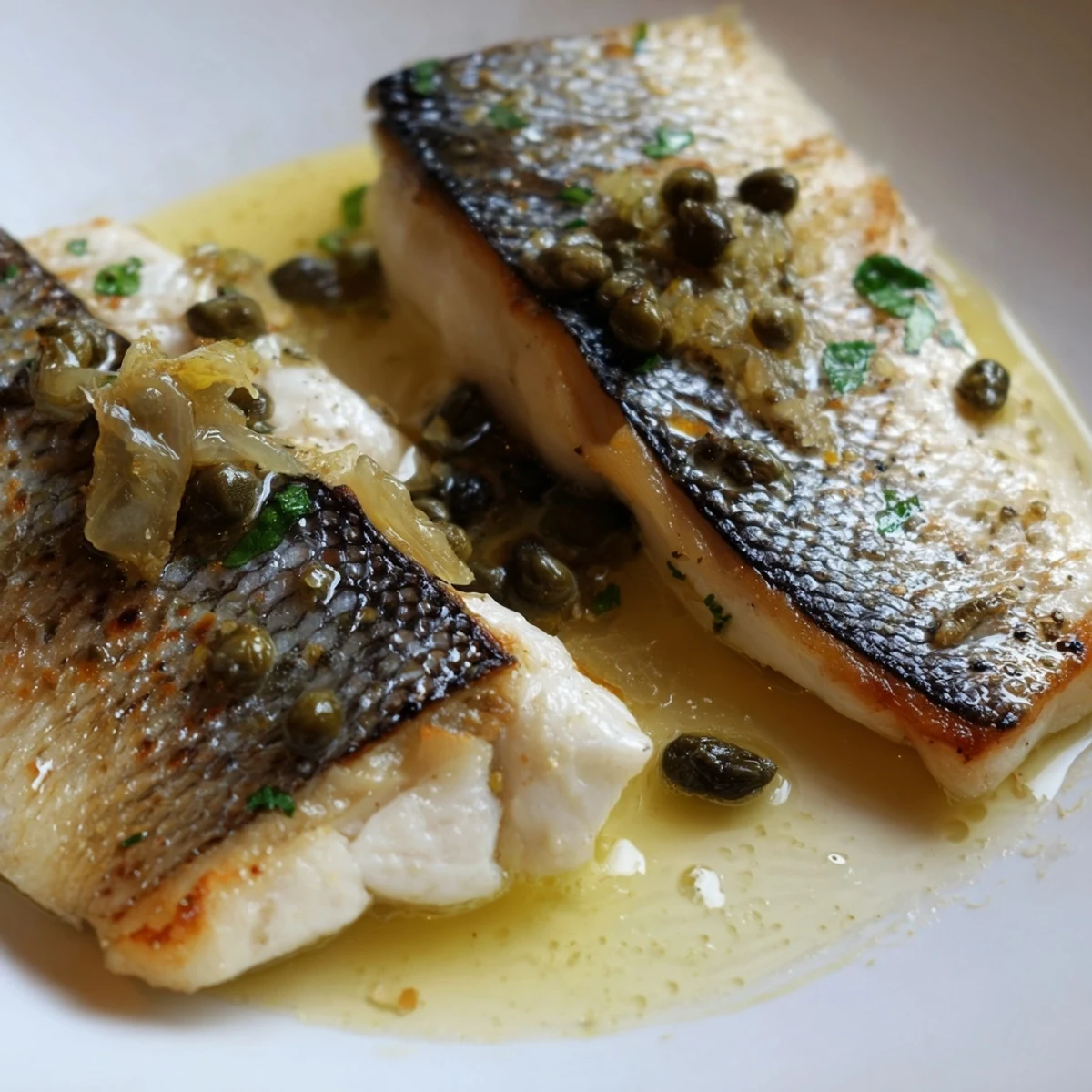 Freshly prepared pan-seared sea bass with lemon caper butter sauce garnished with parsley on a white plate.