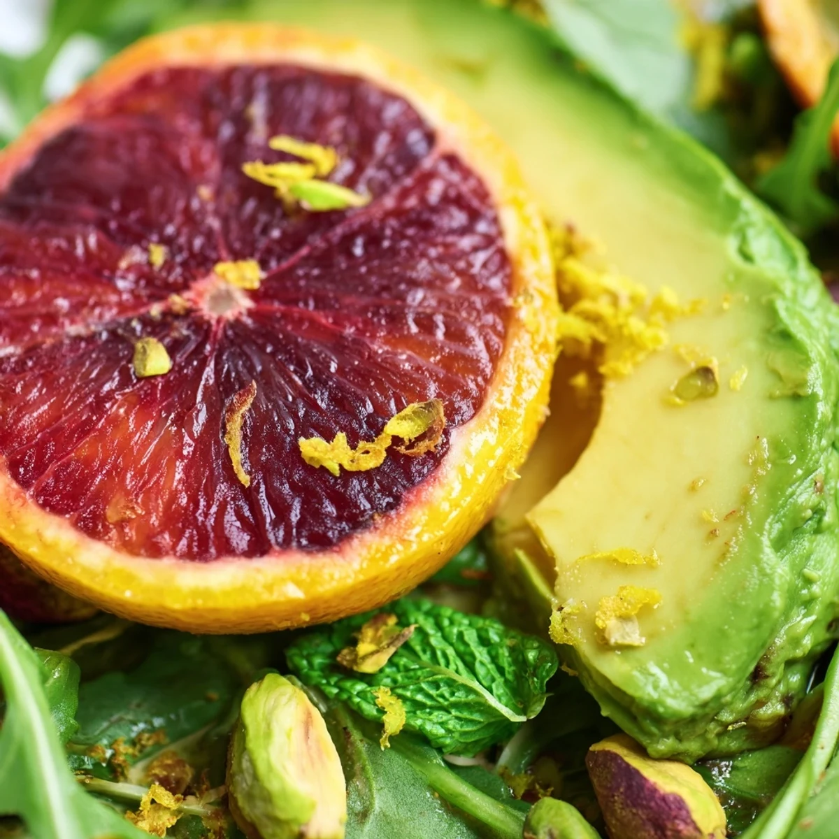Winter Citrus and Avocado Salad with Mint topped with mixed greens, creamy avocado slices, and vibrant citrus rounds, drizzled with lemon dressing.