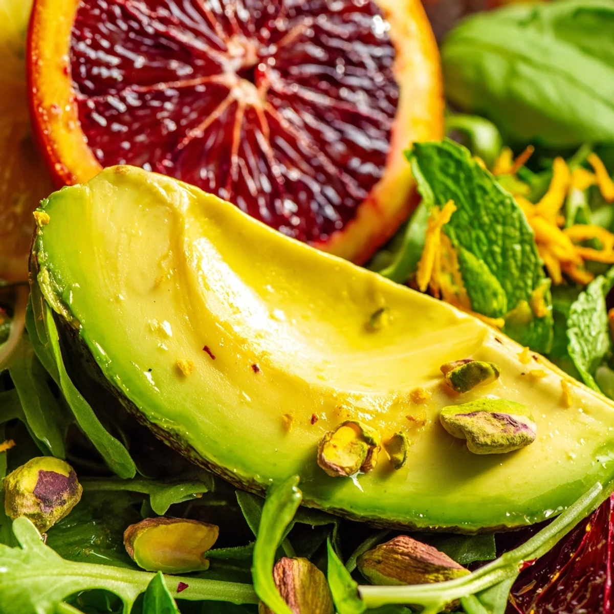Winter Citrus and Avocado Salad with Mint served on a plate, bright citrus and creamy avocado on greens with a light vinaigrette drizzle.
