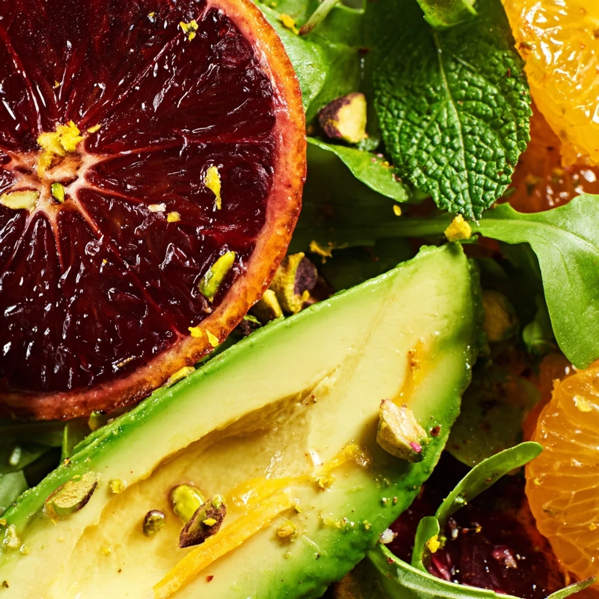 Winter Citrus and Avocado Salad with Mint plated on a platter, featuring juicy orange and blood orange slices with fresh mint leaves and pistachios.