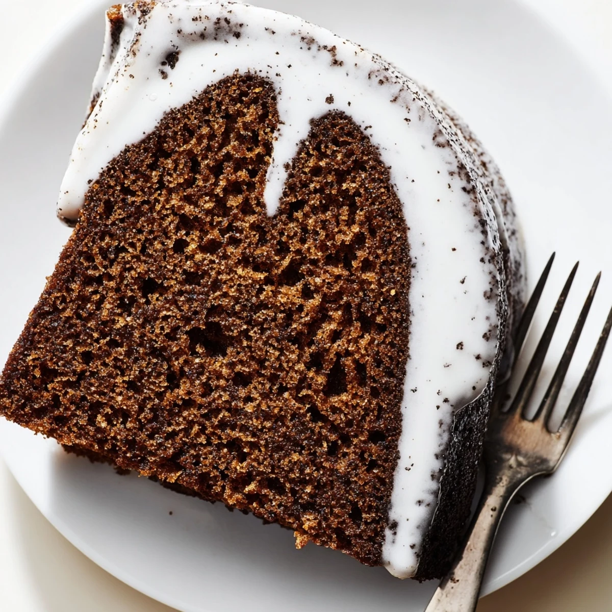 Freshly baked Gingerbread Spiced Bundt Cake with glossy vanilla glaze, presented on a rustic wooden table for a cozy holiday dessert.